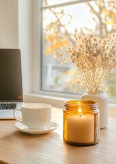 Poster - Hygge Workspace Wellness Amber Glass Candle and Natural Light Home Office Styling for Mindful Productivity and Creative Comfort