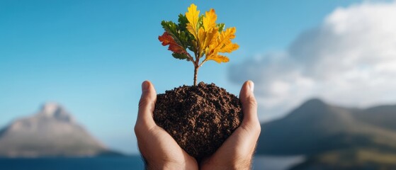 Poster - Regenerative Growth Eco-Conscious Hands Nurturing Sustainable Sapling Against Mountain Landscape - Inspiring Climate Resilience and Corporate Green Strategy