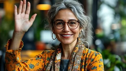 Poster - A woman with glasses and a flowery dress is smiling and waving
