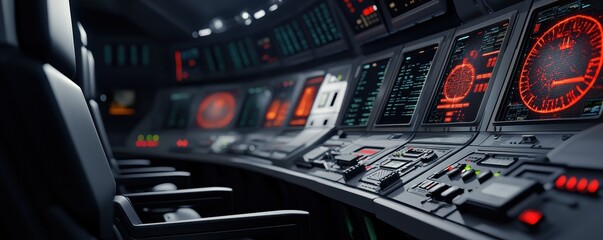 Poster - A futuristic control room featuring advanced technology, illuminated panels, and sleek design, suggesting a high-tech environment.