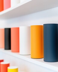 Poster - Minimalist Color Block Design Sleek Cylindrical Merchandise Display Showcasing Modern Brand Aesthetic in Retail Space - Contemporary Product Visualization for E-Commerce and Visual Merchandising