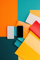 Poster - Geometric Digital Flow Vibrant Minimalist Tech Mockup Showcasing Sleek Mobile Interface Design in Neo-Memphis Color Blocking for Modern UX Creativity
