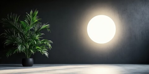 Poster - A serene indoor scene featuring a potted plant beside a bright circular light on a dark wall, creating a tranquil atmosphere.
