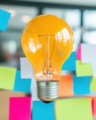 Fototapete - Innovative Risk Management Vibrant Creative Strategy Visualization with Golden Light Bulb on Colorful Sticky Notes - Business Innovation and Strategic Planning Concept