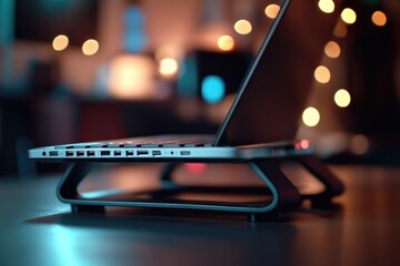 Poster - A laptop computer sitting on top of a wooden table, perfect for working or studying