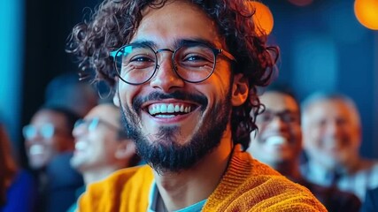 Poster - A man with glasses is smiling and has his mouth open