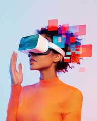 Aufkleber - Immersive Digital Frontier Gen Z Woman Exploring Vibrant Virtual Reality Commerce with Cutting-Edge AR Interaction and Futuristic Retail Experience