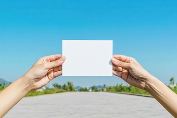 Aufkleber - Minimalist Paper Mockup Clean White Card Against Vibrant Blue Sky and Urban Landscape - Digital Content Creation and Branding Prototype
