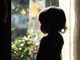 Poster - A young child stands in front of an open window