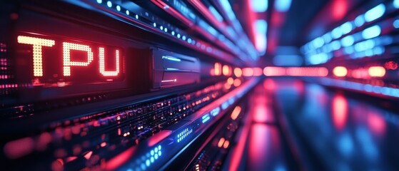 Poster - Futuristic Supercomputer with Glowing TPU Elements in a High-Tech Environment