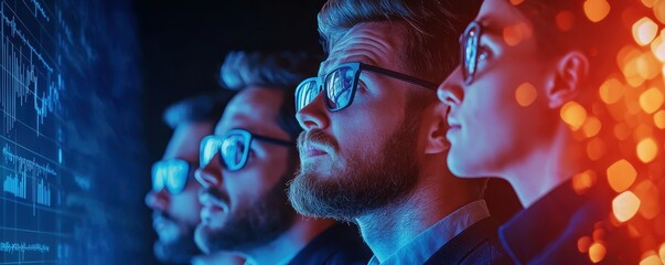 Fototapete - A group of focused individuals, wearing glasses, gaze intently at a screen displaying data and graphics, illuminated by vibrant blue and red lights.