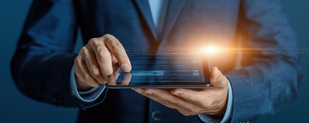 Aufkleber - A businessman interacts with a tablet, illustrating modern technology and digital engagement in a professional setting.