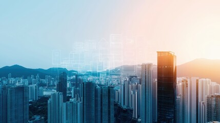 Poster - A modern city skyline transitions from day to night, showcasing tall buildings with a blend of blue and orange hues.