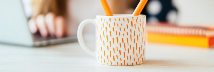 Poster - Minimalist Workspace Aesthetic Geometric Pattern Ceramic Mug with Vibrant Pencils - Creative Professional Productivity and Modern Office Design Inspiration
