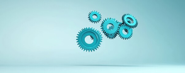Aufkleber - A set of turquoise gears floating against a soft blue background, symbolizing machinery, industry, and engineering concepts.