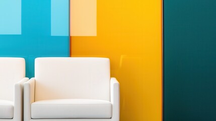 Poster - A modern interior featuring two white chairs against vibrant, multicolored walls of blue, yellow, and green.