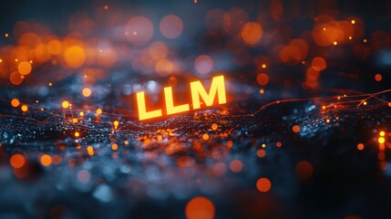 Poster - Glowing Letters LLM Emerging from Futuristic Neural Network Environment