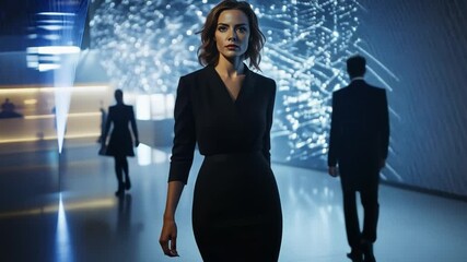 Poster - A woman in a black dress stands in front of a wall of blue lights