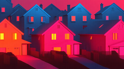 Poster - Vibrant neighborhood homes at dusk urban environment digital art contemporary aesthetic