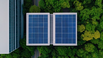 Poster - Aerial view of two buildings with solar panels surrounded by lush greenery, highlighting sustainable energy use and eco-friendly architecture.