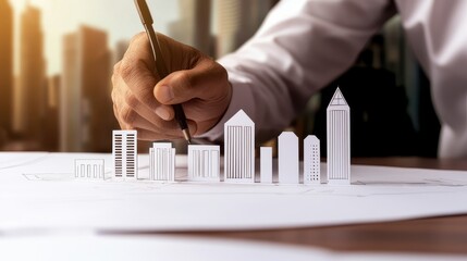 Poster - A hand sketches a city skyline on paper, with a backdrop of modern skyscrapers, symbolizing architecture and urban design.