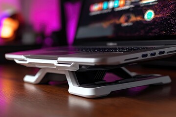 Poster - a laptop computer sits on top of a wooden desk, ready for use
