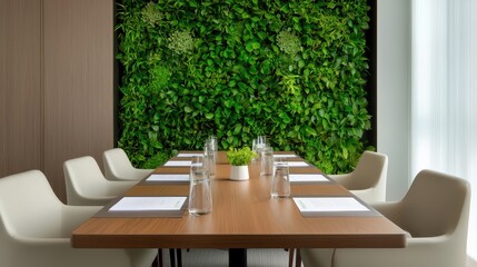 Aufkleber - A modern conference room with a wooden table, surrounded by chairs, featuring a vibrant green vertical garden wall.
