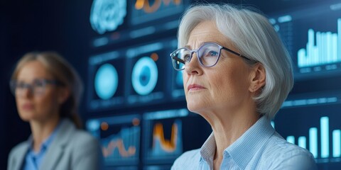 Poster - Two women analyze data displayed on screens, emphasizing technology and teamwork in a modern workspace.