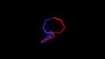 Poster - Glowing blue think bubble neon icon animation with thought message text, seamless loop and futuristic laser lines on black background.