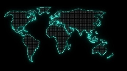 Poster - Digital technology world map animation with glowing connections and global data network loop visual effects.