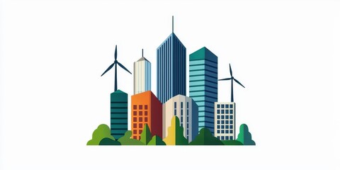 Poster - A vibrant city skyline featuring modern buildings and wind turbines, symbolizing sustainability and urban development.