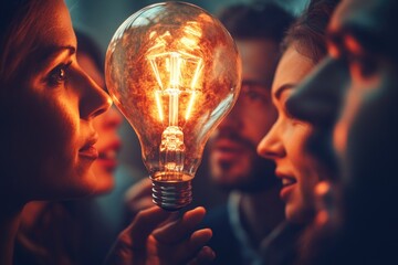 Poster - a group of people gathered around a light bulb, investigating its functionality