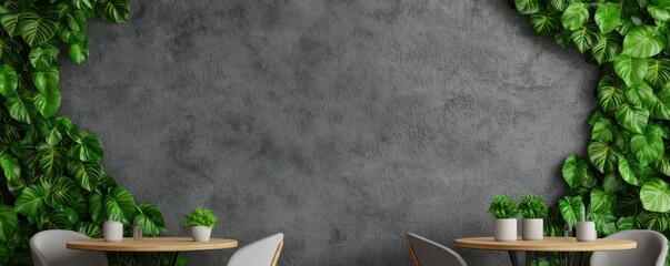 Aufkleber - A cozy interior scene featuring tables surrounded by lush green plants against a textured gray wall.