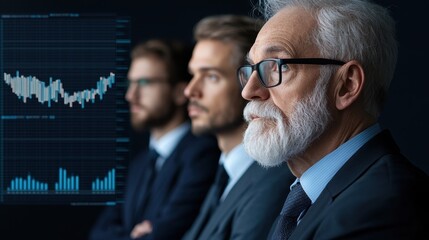 Fototapete - Three professionals in suits focus on financial data, showcasing determination and expertise in a modern business environment.