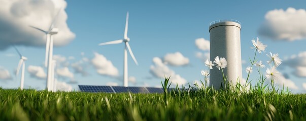 Poster - A vibrant landscape featuring wind turbines and a nuclear plant, set against a bright sky with fluffy clouds and green grass.