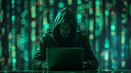 Poster - Cybersecurity threat analysis featuring a figure hacking through a laptop in a digital environment