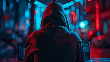 Poster - Cybersecurity breach involving malware threat under neon lights in urban setting at night