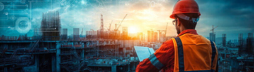 Poster - Structural engineer analyzing construction plan with advanced technology on site at sunset cityscape background