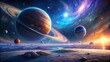 © Sirinporn - Sci-Fi Rings Planet, Moons, Starscape: Epic Space Landscape Digital Art