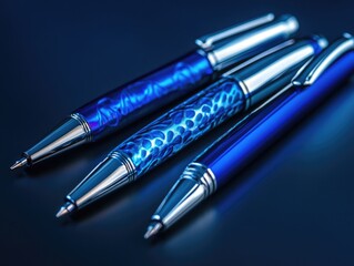 Poster - close-up of three pens placed side by side on a table, perfect for illustration in education or offi
