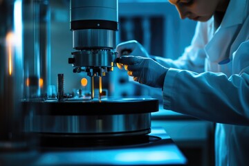 Poster - woman in lab coat working on machinery