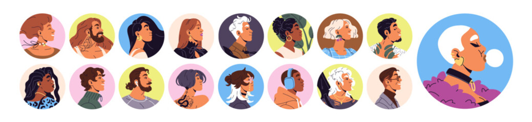 Poster - Colored round shape avatars set. Side view portraits of different people in circle form. Men and women faces in frames for modern user profile. Flat isolated vector illustrations on white background