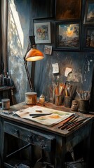 Poster - A simple desk with a lamp on top, suitable for home or office use