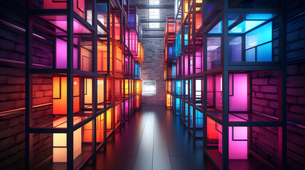 Poster - Long and narrow corridor featuring colorful glass creating a vibrant abstract representation of a multidimensional universe.