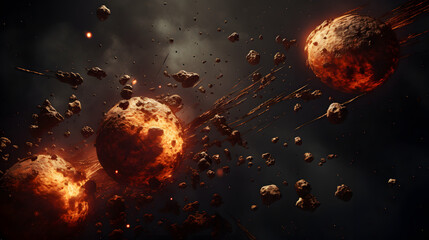 Poster - A dramatic scene of a cluster of asteroids flying through the sky with an artistic perspective highlighting their unique shapes and cosmic beauty.