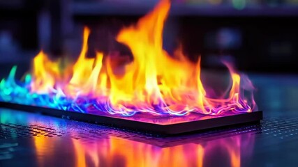 Poster - Colorful flames dance on a surface during an experimental fire display in a workshop