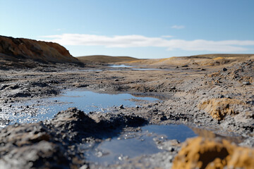 Poster - barren landscape with patches of water reflecting clear blue sky, surrounded by rocky terrain and distant hills. scene conveys sense of desolation and natural beauty