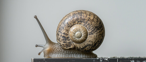 Poster - close up of snail with detailed shell texture, showcasing its spiral pattern and natural colors. snail is on flat surface, highlighting its slow movement and unique form