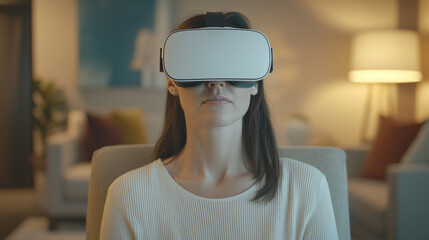 Aufkleber - woman wearing VR goggles is seated in cozy living room, fully immersed in virtual experience. warm lighting and modern decor create relaxed atmosphere