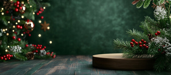 Poster - A wooden podium on the right side of an empty light beige wall